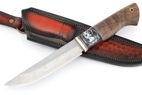 Нож Стрела дамаск нержавеющий, рог буйвола (скримшоу) кап клена коричневый, формованные ножны