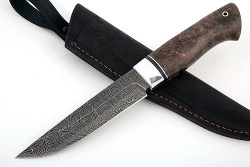 Нож Стрела (мозаичный дамаск с никелем, коричневая стабилизированная карельская берёза) 