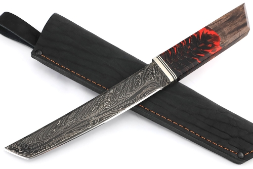 Нож Самурай (9ХС ламинированная дамаск с никелем, рукоять комбинированная шишка в акриле+кап клена) 