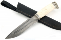 Нож Викинг (дамаск - долы, рог лося - мельхиор), резьба ручной работы