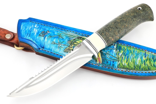 Нож Судак большой (х12МФ - долы, вставка кость, кап клена зеленый) формованные ножны