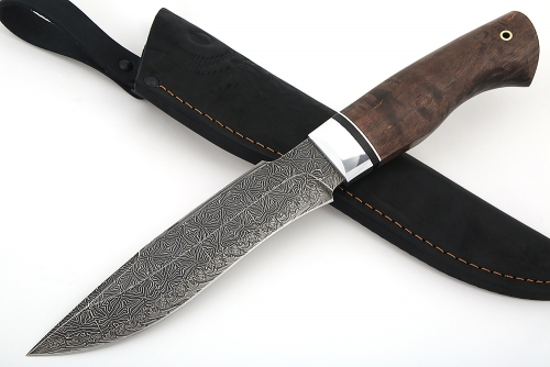 Нож Викинг (мозаичный дамаск с никелем, корчневая стабилизированная карельская берёза) 