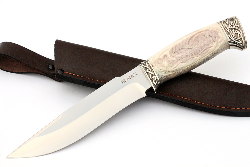 Нож Викинг (порошковая сталь Elmax, рог лося - мельхиор), резьба ручной работы