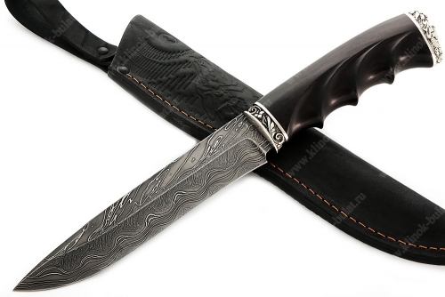 Нож Таран (торцевой дамаск с никелем, чёрный граб - мельхиор) резная рукоять 