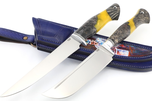 Спарка из 2 ножей: Филейный средний и нож Узбек-3 (х12МФ, stone wash, рукоять гибрид кап клена акрил желтый) формованные ножны