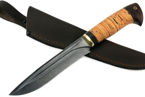 Нож Таран (дамаск-долы, береста) 