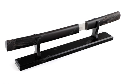 Нож Самурай большой (кованая х12МФ, черный граб) деревянные ножны, резьба ручной работы, на подставке