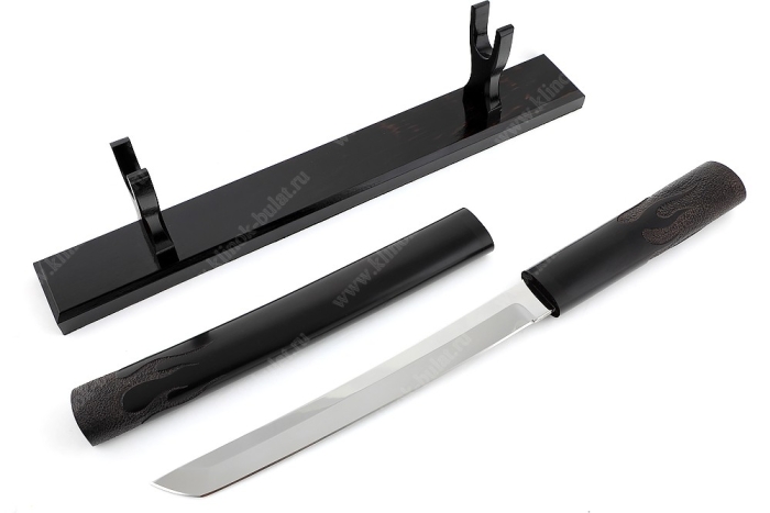 Нож Самурай большой (кованая х12МФ, черный граб) деревянные ножны, резьба ручной работы, на подставке