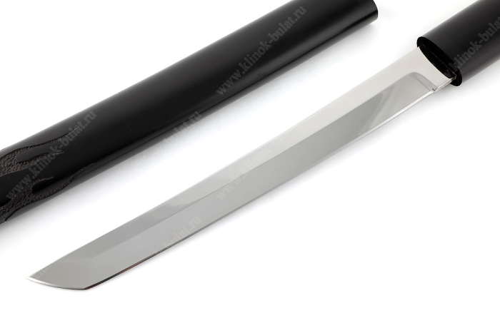 Нож Самурай большой (кованая х12МФ, черный граб) деревянные ножны, резьба ручной работы, на подставке