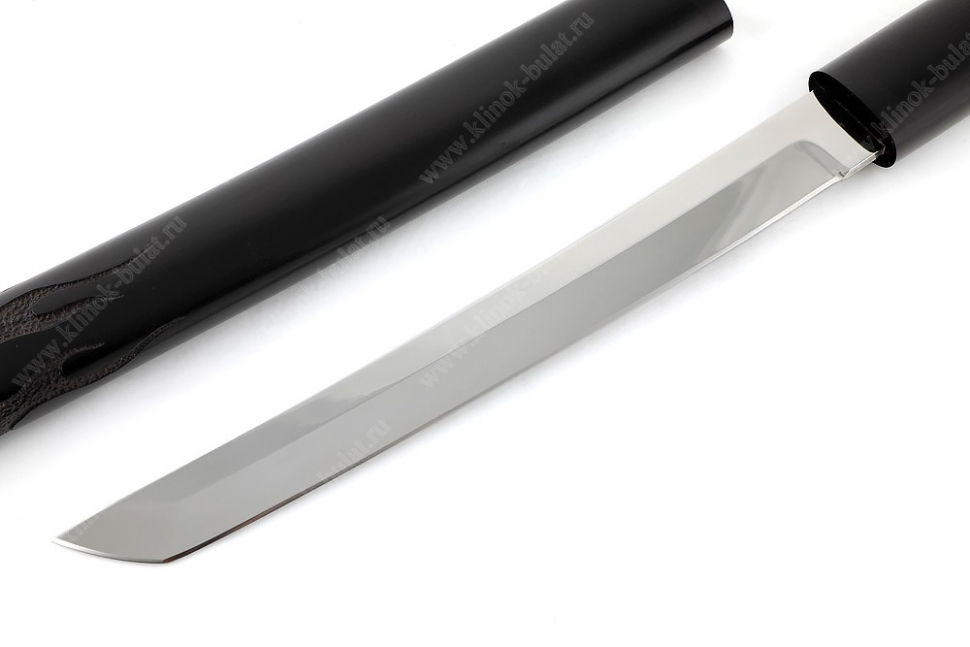 Нож Самурай большой (кованая х12МФ, черный граб) деревянные ножны, резьба ручной работы, на подставке