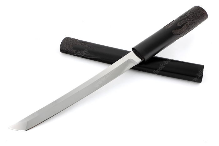 Нож Самурай большой (кованая х12МФ, черный граб) деревянные ножны, резьба ручной работы, на подставке