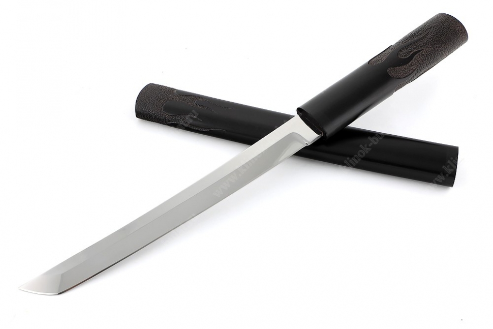 Нож Самурай большой (кованая х12МФ, черный граб) деревянные ножны, резьба ручной работы, на подставке