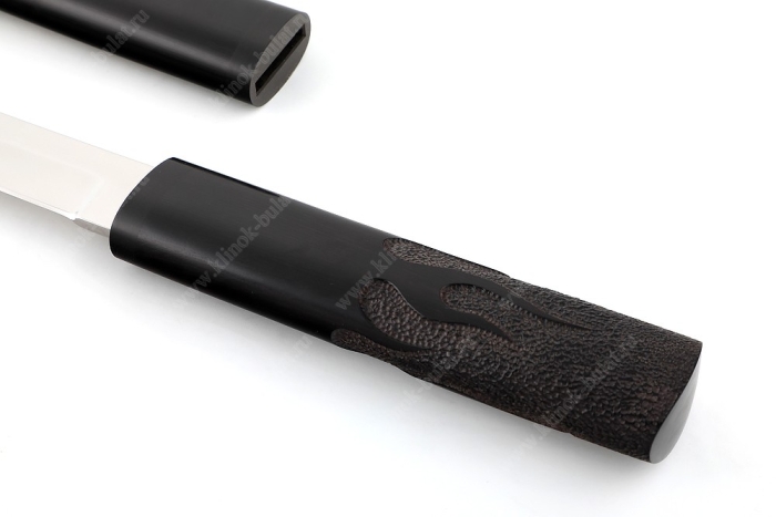 Нож Самурай большой (кованая х12МФ, черный граб) деревянные ножны, резьба ручной работы, на подставке