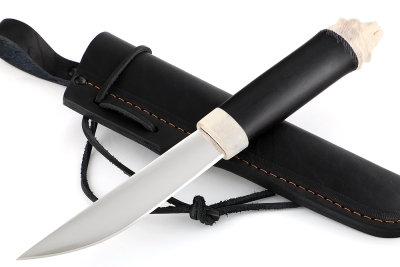 Нож Северный малый №2 (Х12МФ, кованый дол, чёрный граб - рог лося) резьба медведь