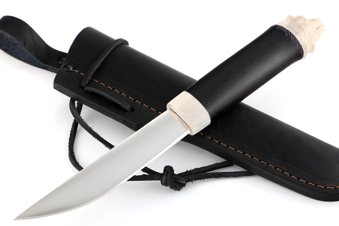 Нож Северный малый №2 (Х12МФ, кованый дол, чёрный граб - рог лося) резьба медведь