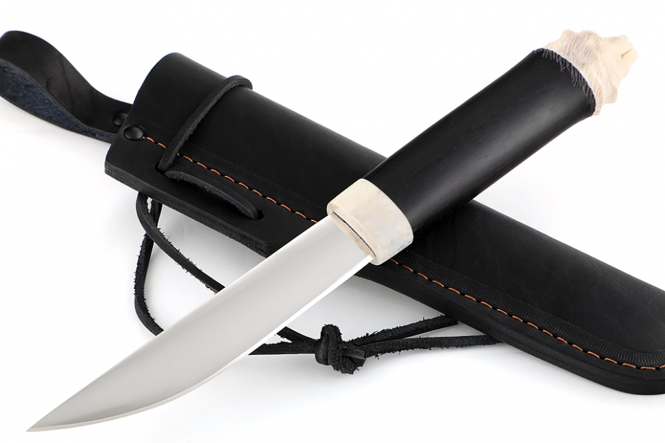 Нож Северный малый №2 (Х12МФ, кованый дол, чёрный граб - рог лося) резьба медведь