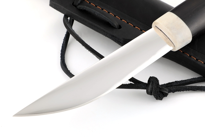 Нож Северный малый №2 (Х12МФ, кованый дол, чёрный граб - рог лося) резьба медведь