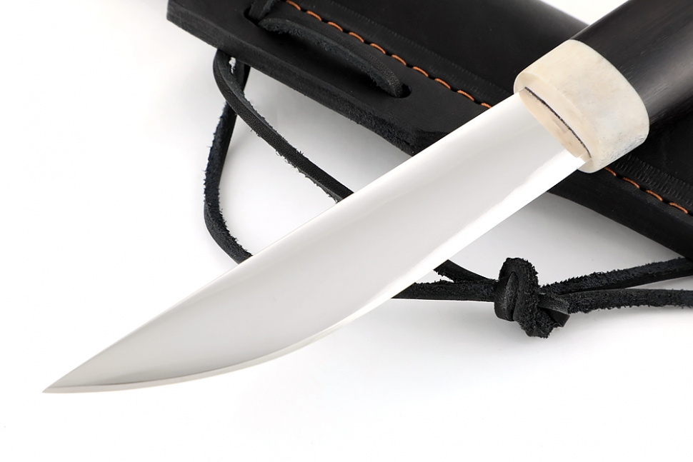 Нож Северный малый №2 (Х12МФ, кованый дол, чёрный граб - рог лося) резьба медведь