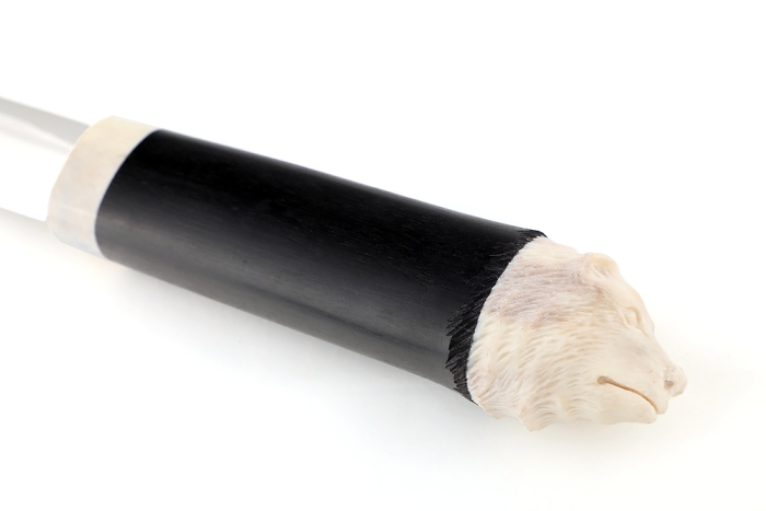 Нож Северный малый №2 (Х12МФ, кованый дол, чёрный граб - рог лося) резьба медведь