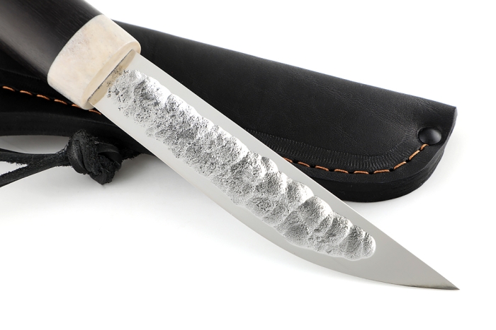 Нож Северный малый №2 (Х12МФ, кованый дол, чёрный граб - рог лося) резьба медведь