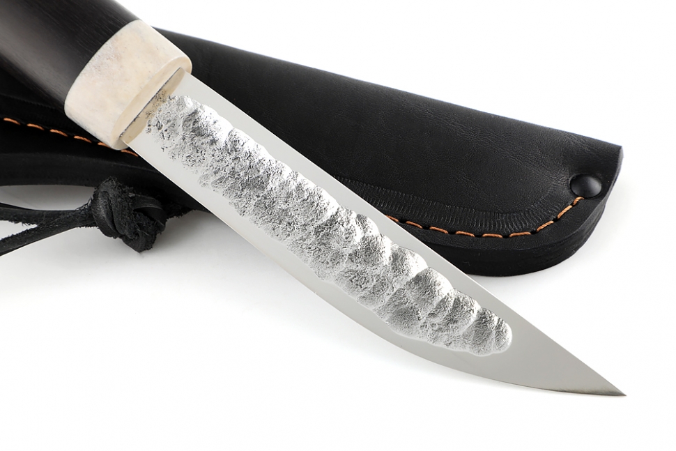 Нож Северный малый №2 (Х12МФ, кованый дол, чёрный граб - рог лося) резьба медведь