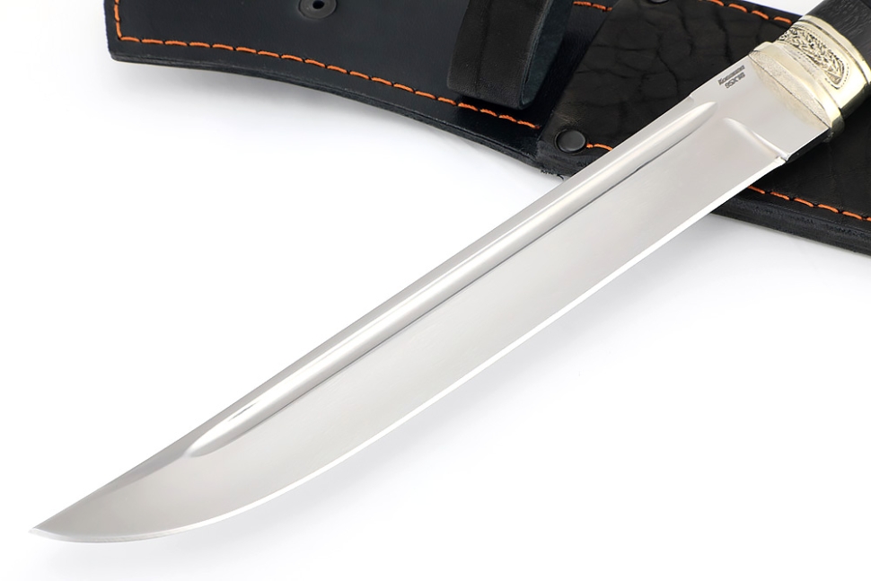 Нож Пластун (казачий пластунский нож) сталь кованая 95Х18, рукоять мельхиор, черный граб