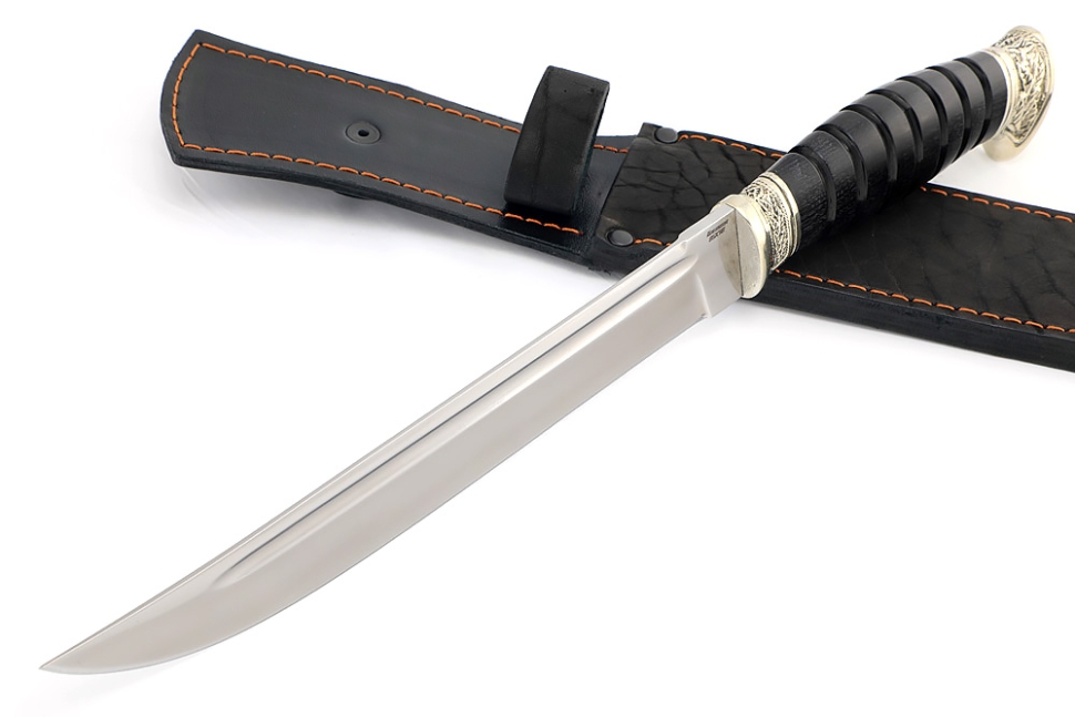 Нож Пластун (казачий пластунский нож) сталь кованая 95Х18, рукоять мельхиор, черный граб
