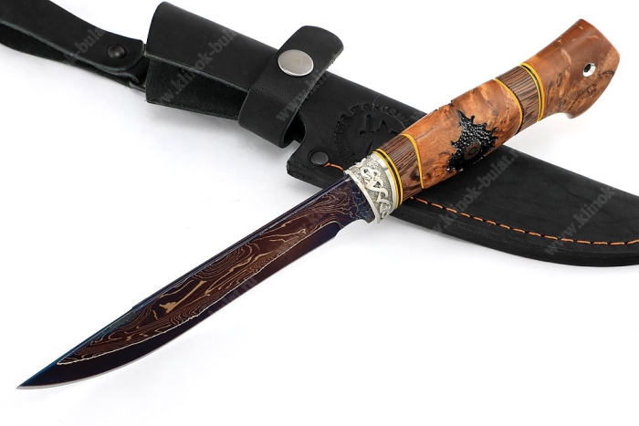 Нож Флагман (ламинат воронёный - 9ХС и дамаск с никелем, рукоять наборная стабилизированная карельская, мозаичный пин)