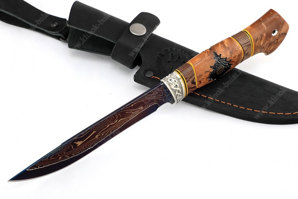 Нож Флагман (ламинат воронёный - 9ХС и дамаск с никелем, рукоять наборная стабилизированная карельская, мозаичный пин)