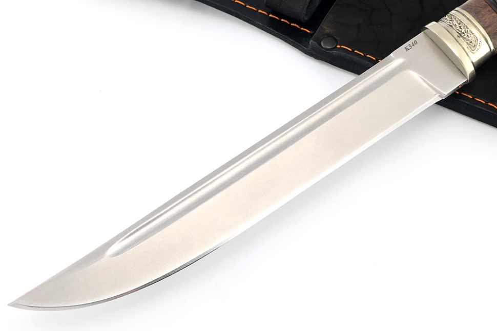 Нож Пластун (казачий пластунский нож) сталь К340, рукоять мельхиор, карельская береза коричневая