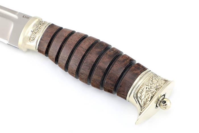 Нож Пластун (казачий пластунский нож) сталь К340, рукоять мельхиор, карельская береза коричневая