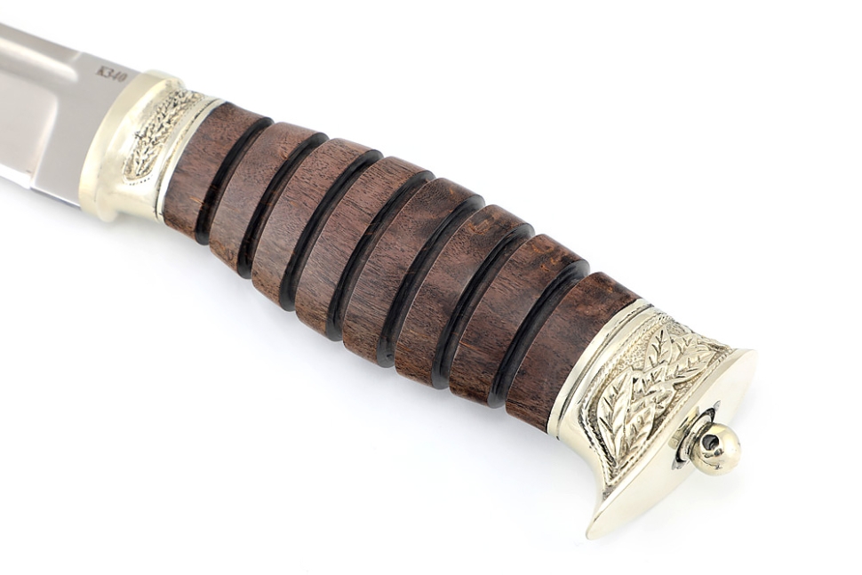 Нож Пластун (казачий пластунский нож) сталь К340, рукоять мельхиор, карельская береза коричневая