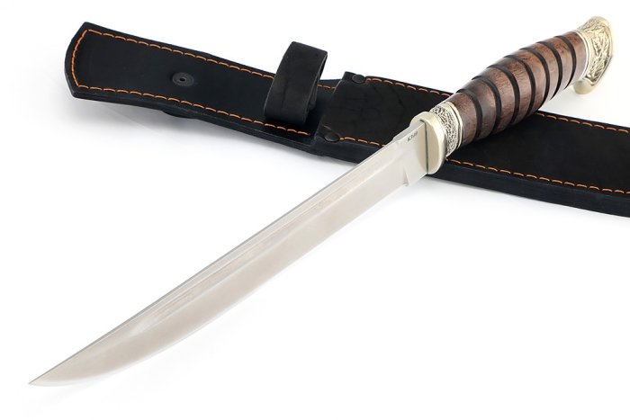 Нож Пластун (казачий пластунский нож) сталь К340, рукоять мельхиор, карельская береза коричневая