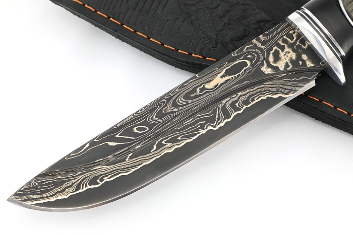 Нож Скат (ламинат - 9ХС и дамаск с никелем, рукоять черный граб, ясень стабилизированный, авторский пин)