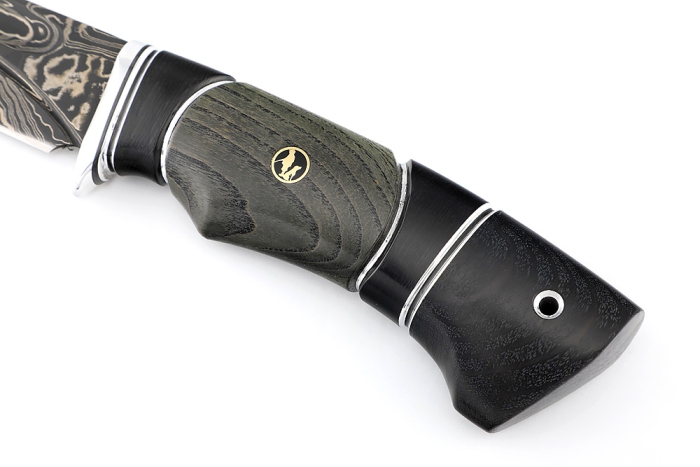 Нож Скат (ламинат - 9ХС и дамаск с никелем, рукоять черный граб, ясень стабилизированный, авторский пин)