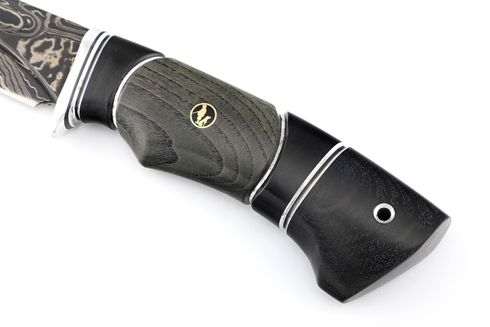 Нож Скат (ламинат - 9ХС и дамаск с никелем, рукоять черный граб, ясень стабилизированный, авторский пин)