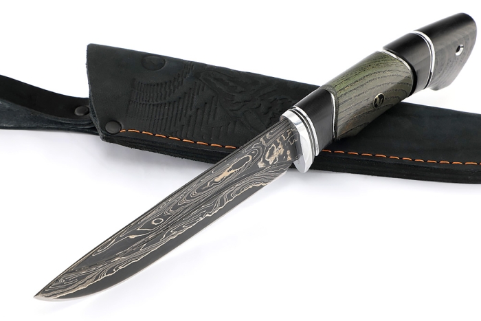 Нож Скат (ламинат - 9ХС и дамаск с никелем, рукоять черный граб, ясень стабилизированный, авторский пин)