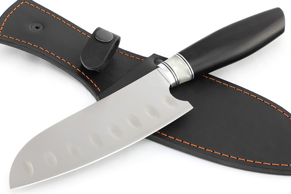 Кухонный нож Сантоку средний (широкий) кованая сталь Х12МФ рукоять вставка акрил белый, черный граб