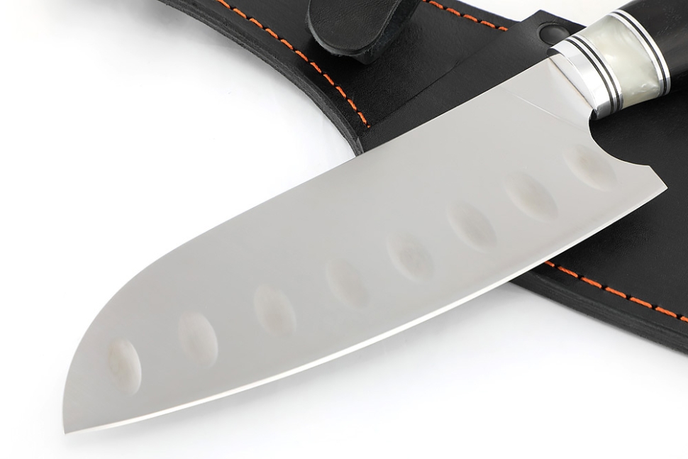 Кухонный нож Сантоку средний (широкий) кованая сталь Х12МФ рукоять вставка акрил белый, черный граб