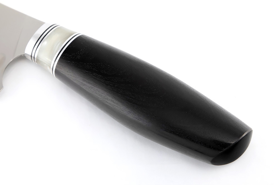 Кухонный нож Сантоку средний (широкий) кованая сталь Х12МФ рукоять вставка акрил белый, черный граб