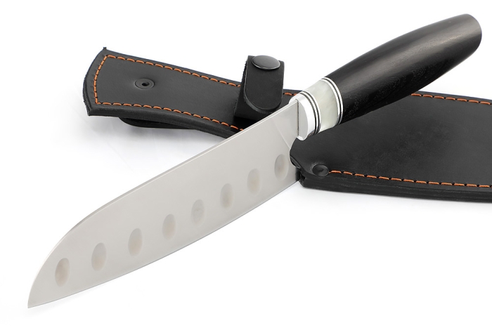 Кухонный нож Сантоку средний (широкий) кованая сталь Х12МФ рукоять вставка акрил белый, черный граб