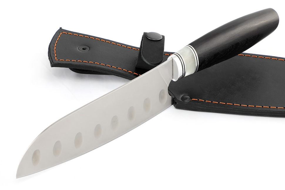 Кухонный нож Сантоку средний (широкий) кованая сталь Х12МФ рукоять вставка акрил белый, черный граб