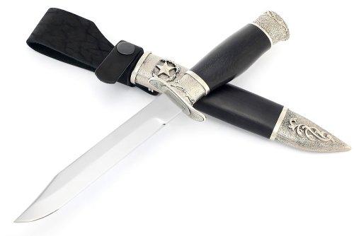  Нож разведчика НР-40 сталь кованая Х12МФ мельхиор, деревянные ножны черный граб