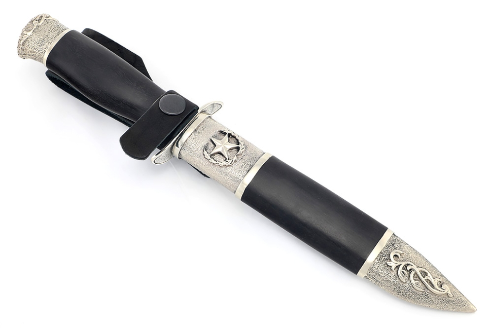  Нож разведчика НР-40 сталь кованая Х12МФ мельхиор, деревянные ножны черный граб