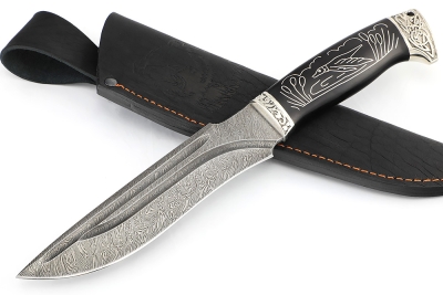 Нож Викинг дамаск-долы, мельхиор, чёрный граб с инкрустацией