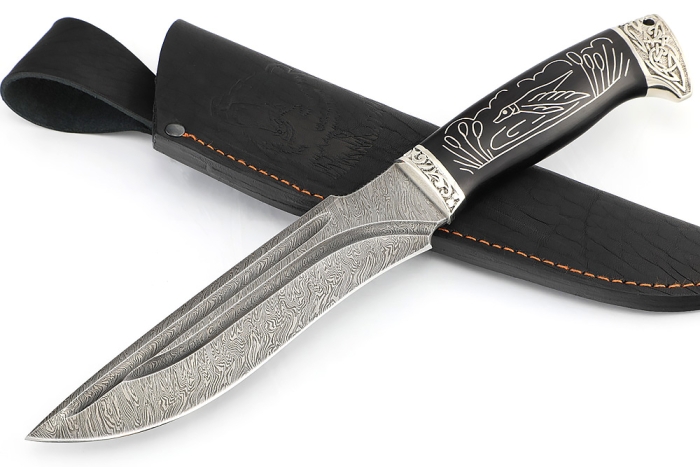 Нож Викинг дамаск-долы, мельхиор, чёрный граб с инкрустацией
