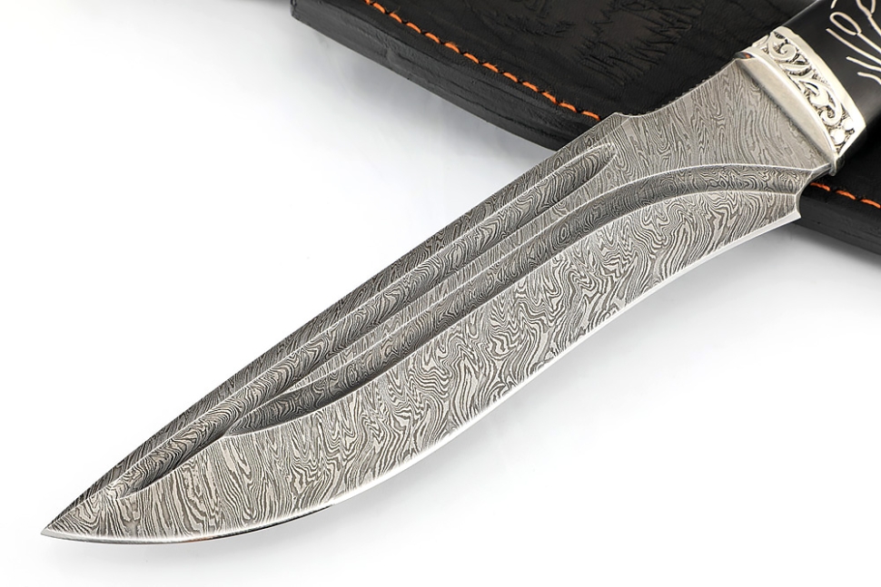 Нож Викинг дамаск-долы, мельхиор, чёрный граб с инкрустацией