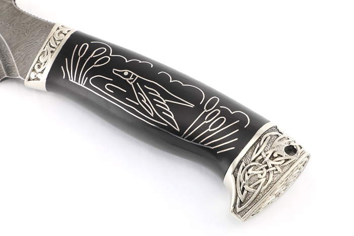 Нож Викинг дамаск-долы, мельхиор, чёрный граб с инкрустацией