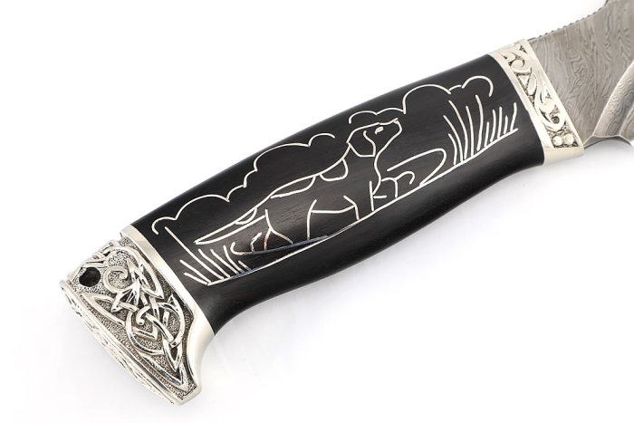 Нож Викинг дамаск-долы, мельхиор, чёрный граб с инкрустацией