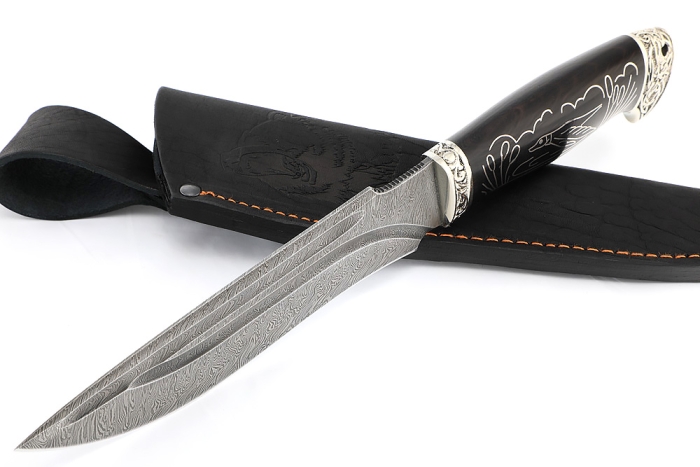 Нож Викинг дамаск-долы, мельхиор, чёрный граб с инкрустацией